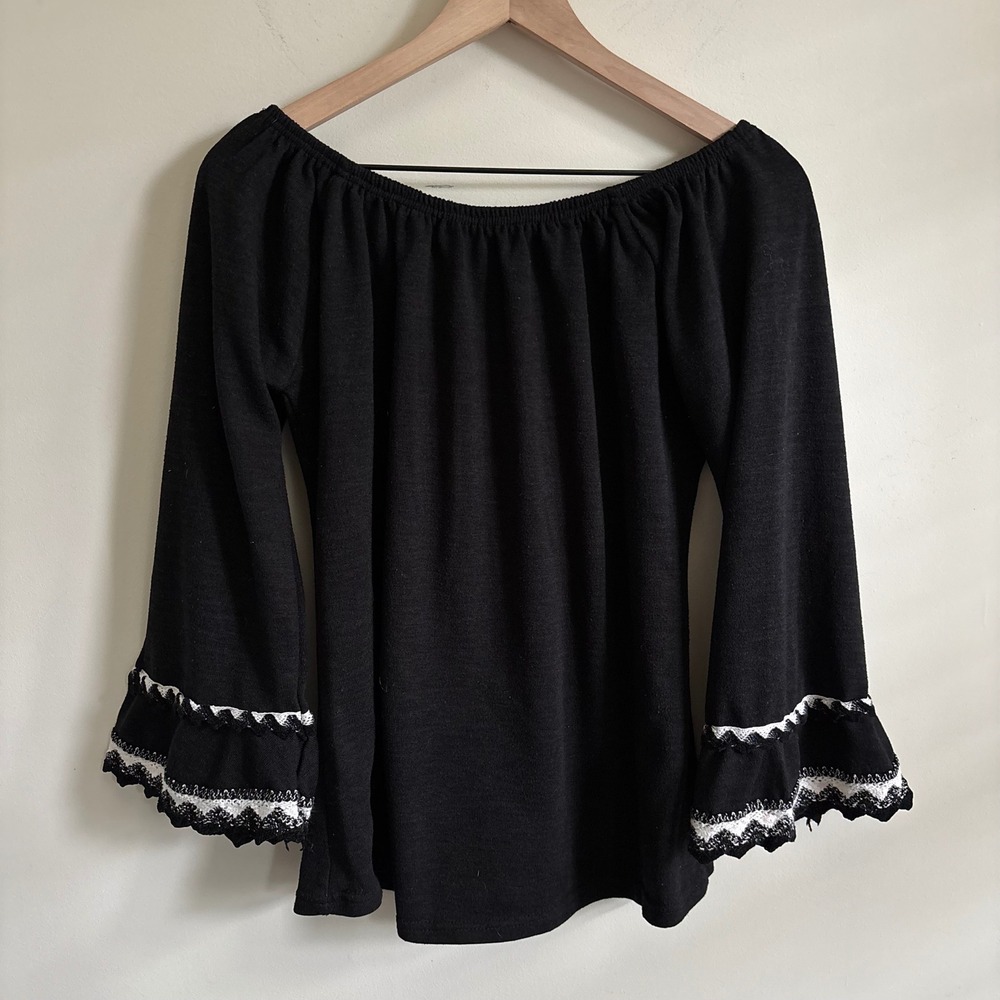 Lildy Black Double Lace Sleeve Tunic Off The Shoulder Boho Knit Top Small Medium